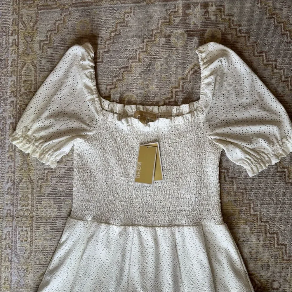 MICHAEL KORS NWT Size L White Eyelet Smocked Puff Sleeve Ruffle Hem Mini Dress